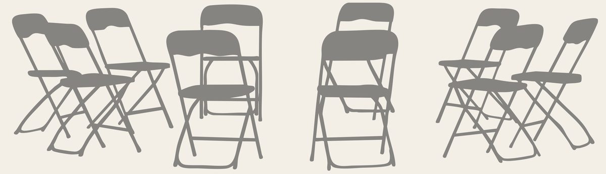 Illustration of empty folding chairs, grouped and scattered apart.